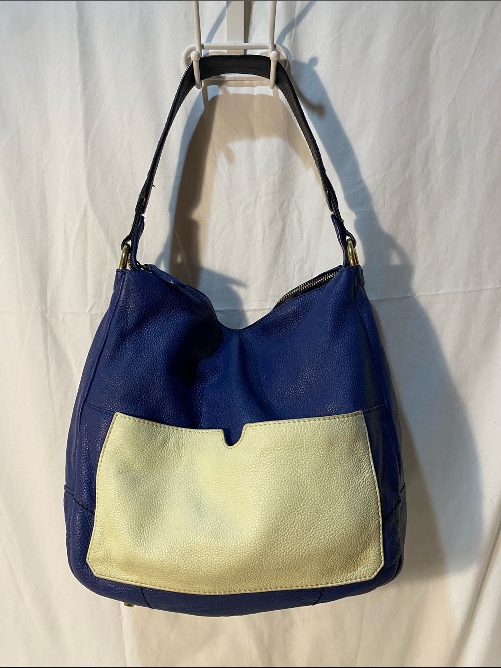 orYANY Blue and Cream Pebbled Leather Shoulder Bag